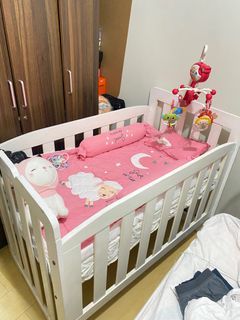 White Wooden Crib with hanging toy RUSH SALE!!!