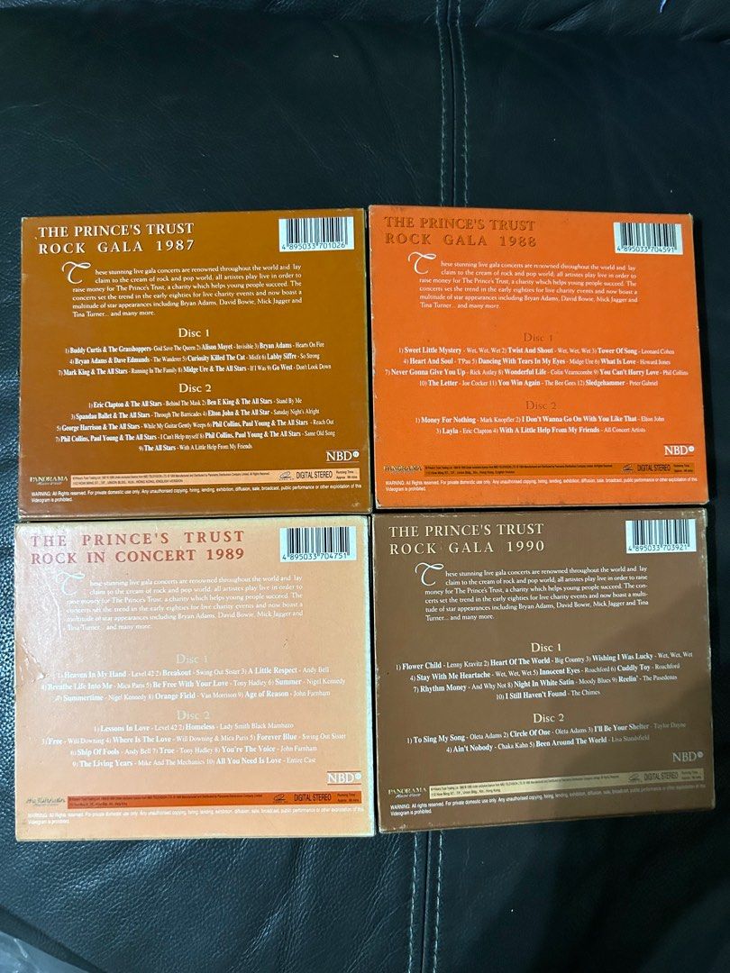 Prince’s Trust Orig VCDs set (Category: CDs & DVDs) located in Manila. Submitted by migo2910 (Listing ID 1290190940, Image 3). Description: Set of 4 VCDs Prince’s Trust (Highly Collectible) Fair wear sign on carton cover See track/ set list featuring George Harrison, Ringo Starr, Eric Clapton, Rick Astley, Elton John, Mark Knofflet, Phil Collins, Paul Young etc .