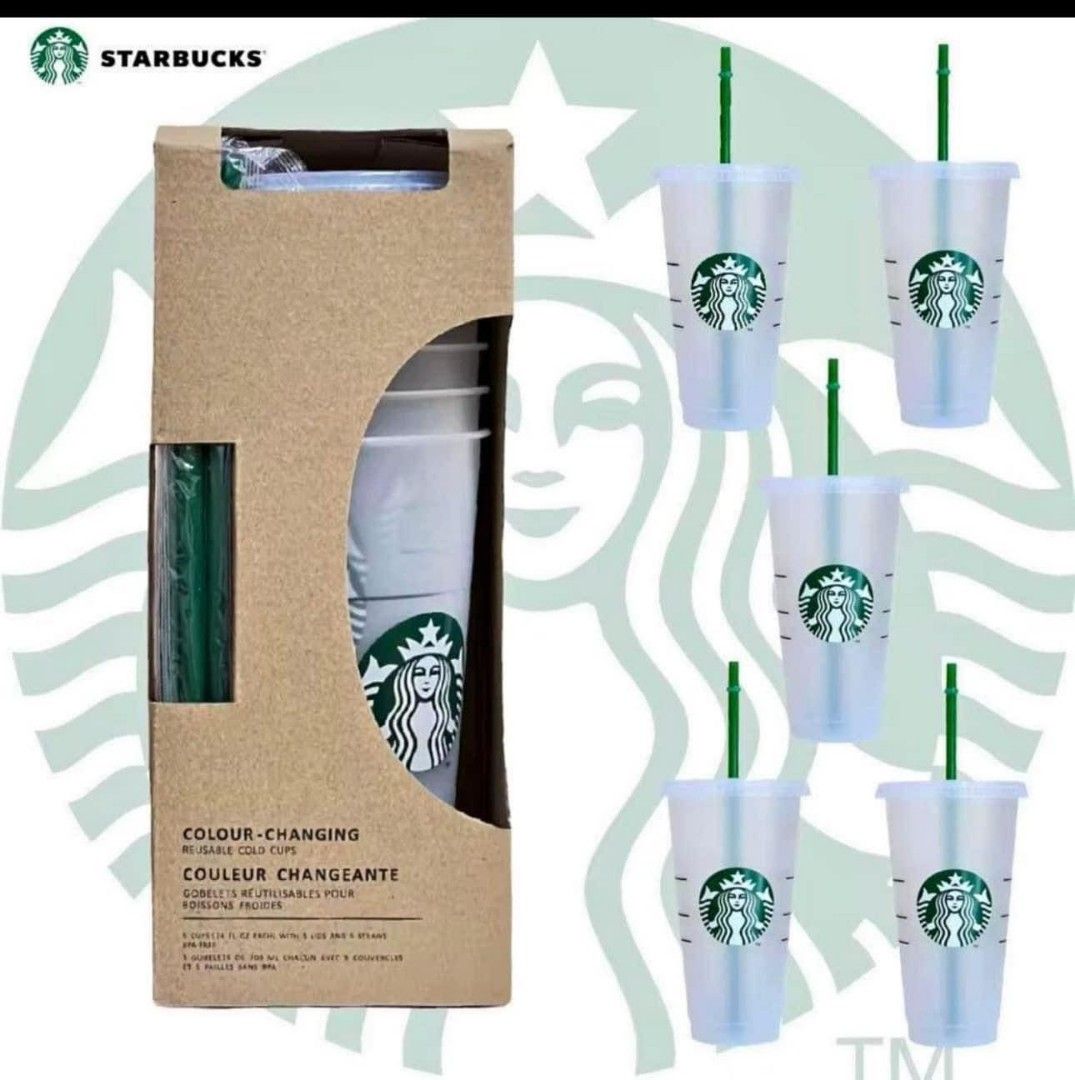 Reusable Cup (Category: Water Bottles & Tumblers) located in Makati City. Submitted by letmetakealook (Listing ID 1308661426, Image 1). Description: starbucks reusable cup set of 5pcs p1000 per boxs(5pcs) 473ml pwede mix pwede one color.