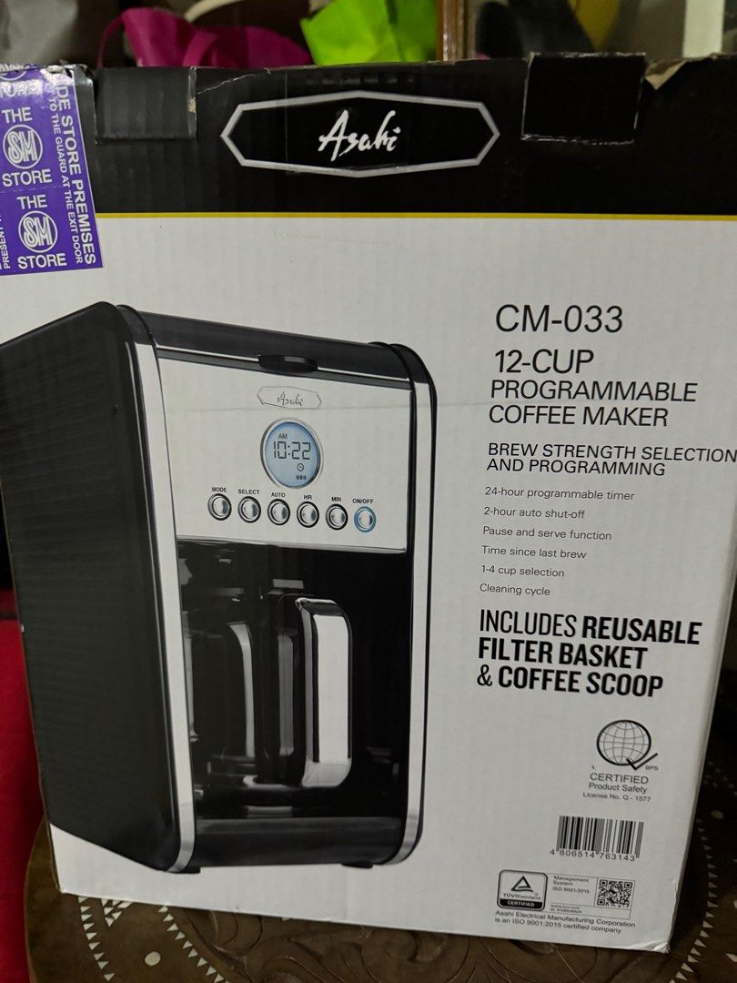 Sealed Asahi Coffee Maker CM 033 (Category: Coffee Machines & Makers) located in Las Pinas. Submitted by pure.sunyy (Listing ID 1308806898, Image 2). Description: Sealed with SM sticker Brand new Lost the receipt upon moving Will send video of opening the box to sure buyer. Description • Drip Coffee Maker • 12-cup capacity • 900W • Glass carafe • LCD display programming • Re-usable/washable coffee filter • Drip stop feature • Soft-button switch •