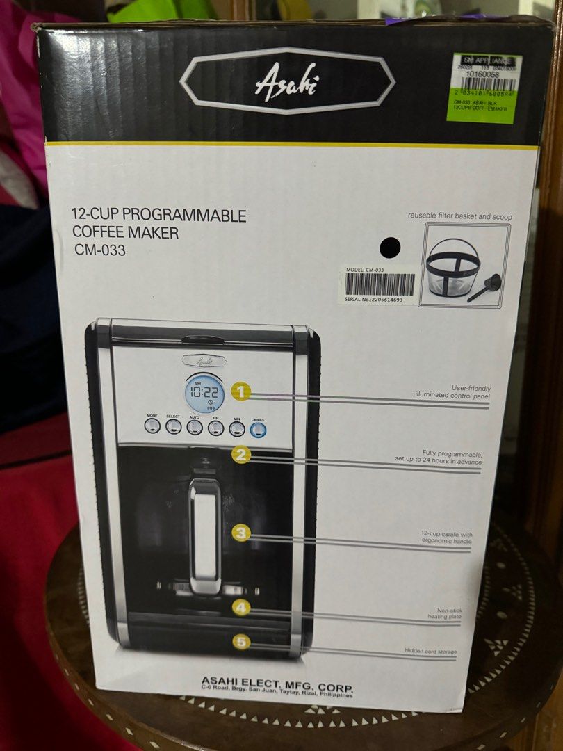 Sealed Asahi Coffee Maker CM 033 (Category: Coffee Machines & Makers) located in Las Pinas. Submitted by pure.sunyy (Listing ID 1308806898, Image 3). Description: Sealed with SM sticker Brand new Lost the receipt upon moving Will send video of opening the box to sure buyer. Description • Drip Coffee Maker • 12-cup capacity • 900W • Glass carafe • LCD display programming • Re-usable/washable coffee filter • Drip stop feature • Soft-button switch •