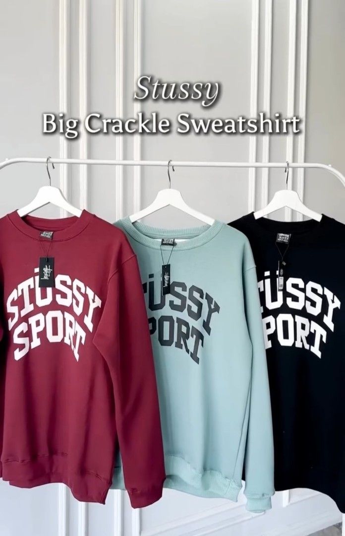 Stussy Big Crackle Sport Crewneck Sweatshirt, Fesyen Pria