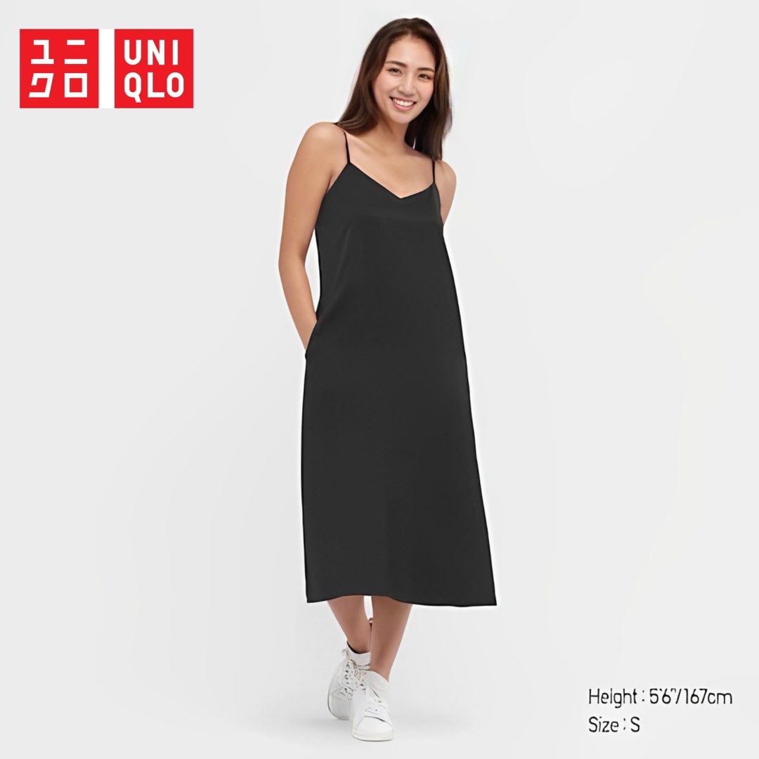 UNIQLO Women Crepe Camisole Slit Long Dress Slip One Strap Midi Dress Black  Sexy Terusan Kamisol Panjang Hitam Satu Tali Seksi