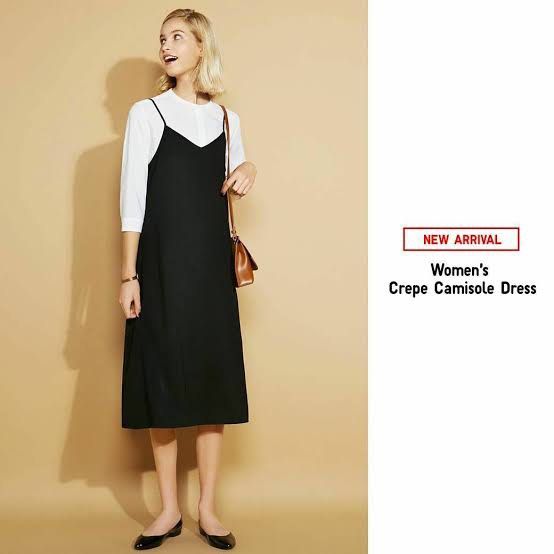 UNIQLO Women Crepe Camisole Slit Long Dress Slip One Strap Midi Dress Black  Sexy Terusan Kamisol Panjang Hitam Satu Tali Seksi