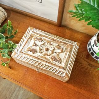 Vintage whitewash hand carved wood box jewelry box trinket box rosary box