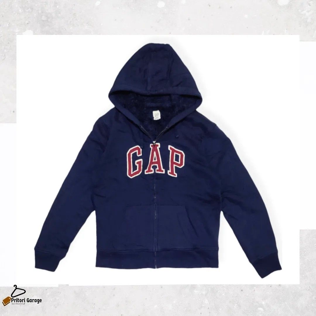 Zipper Hoodie Sherpa Jacket GAP Spell Out Embroidery Dark Blue
