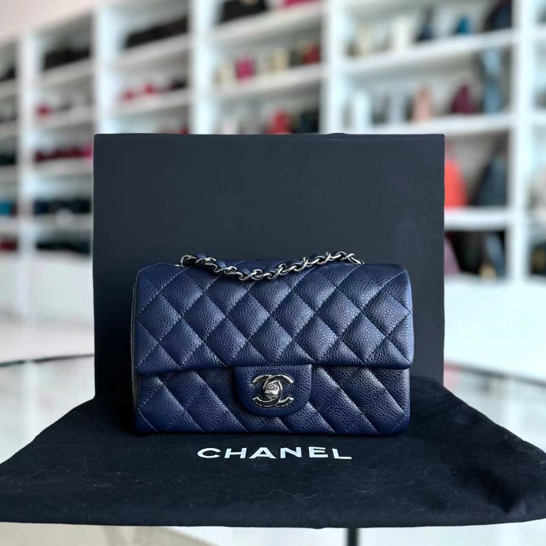 Chanel Caviar Mini Rectangular Classic Flap 20CM Quilted Calfskin Dark Blue SHW No 18 Luxury Bags Wallets on Carousell