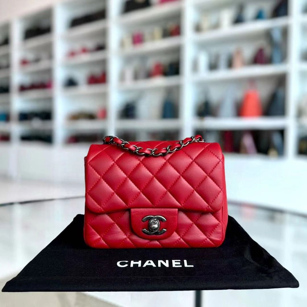Chanel Mini Square Classic Flap Quilted Lambskin Red RSHW No 20 Barang Mewah Tas Dompet di Carousell