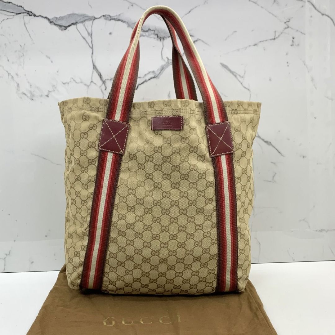 GUCCI 189669 BROWN W TRICOLOURED STRAP GG CANVAS TOTE BAG 247025338