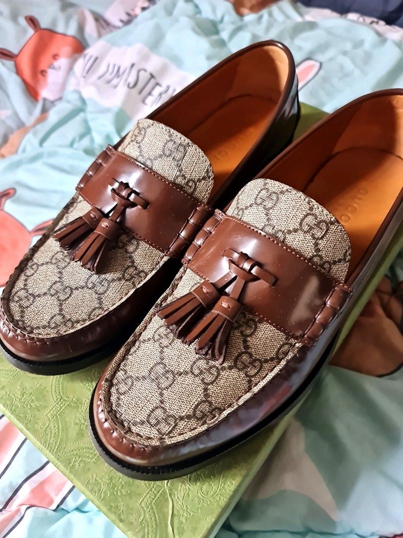 Gucci Monogram Brown Leather Canvas Loafers