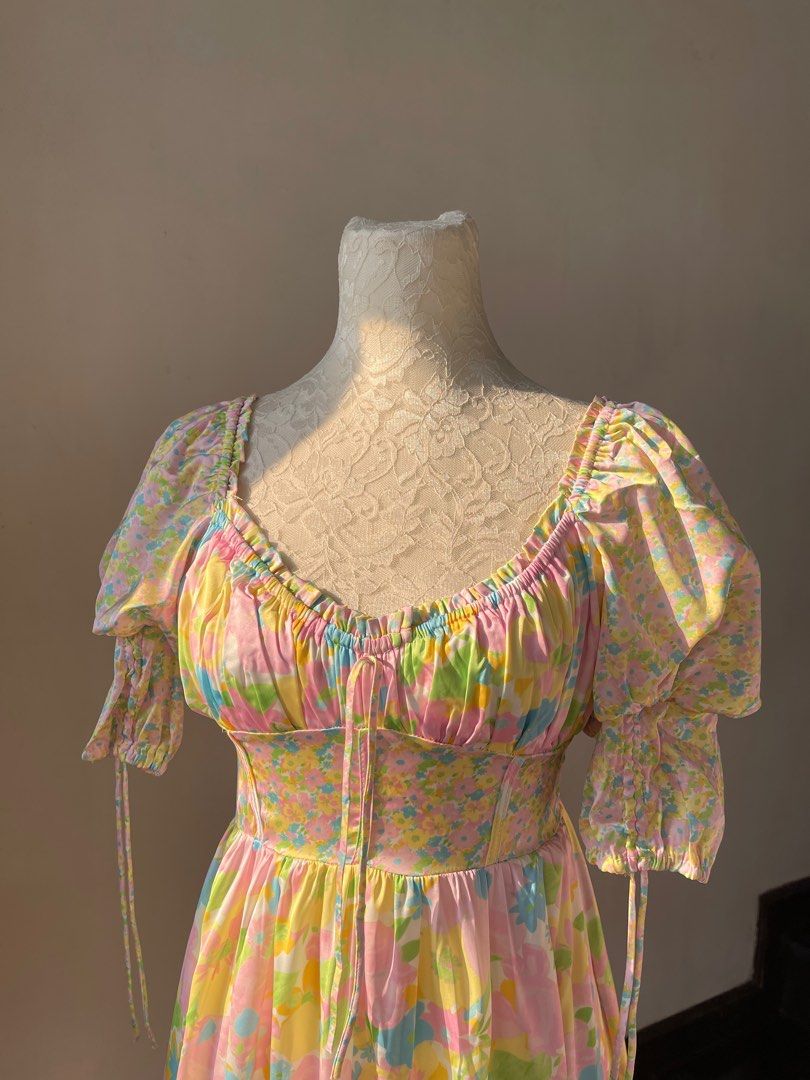 multicolor pastel puff sleeve dress (Category: Dresses) located in Quezon City. Submitted by kkaitly (Listing ID 1308913258, Image 2). Description: • DIMENSIONS bust: 32 - 36 inch waist: 25 - 27 inch length: 28 inch • with back zipper • light & airy material (perfect for beaches & summer) • no haggling unless getting 3 or more items TAGS 🏷️ coquette cottagecore bow mini floral flower pattern elegant evening birthday pink blue purple white yellow