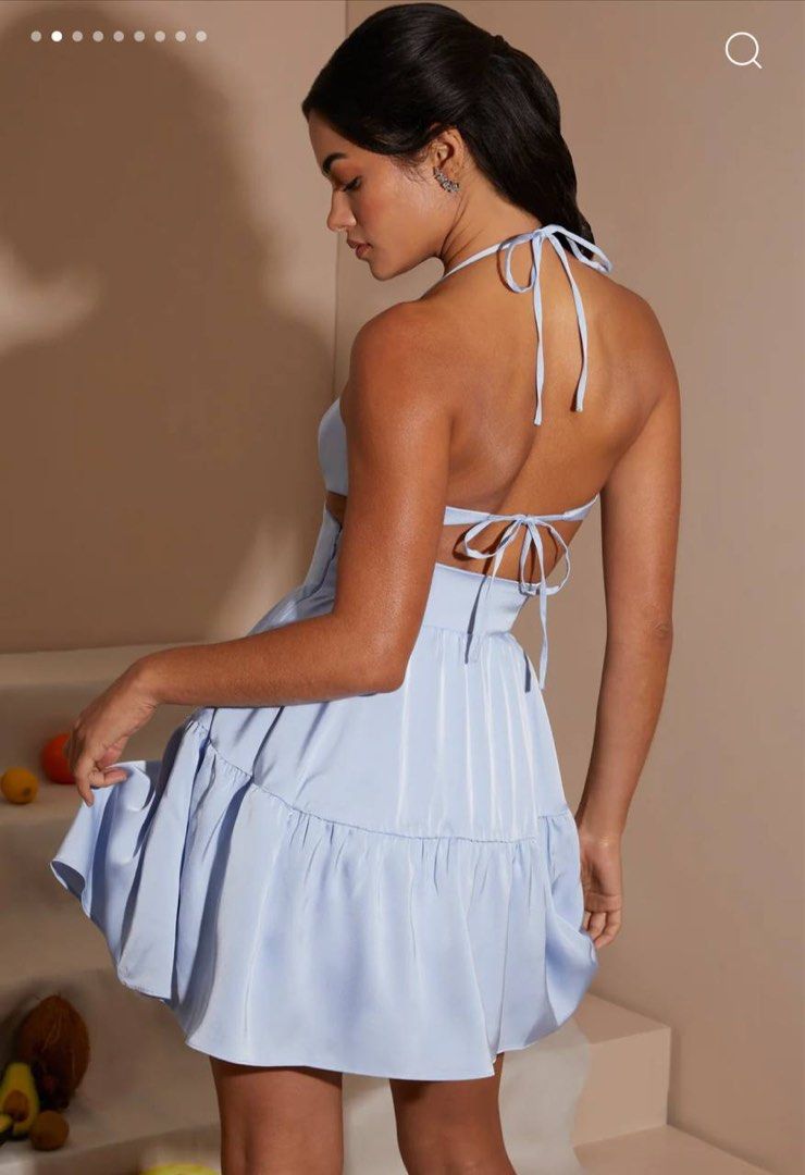 Oh Polly Baby Blue Flowy Fleur Halter Dress, Women's Fashion, Dresses &  Sets, Dresses on Carousell