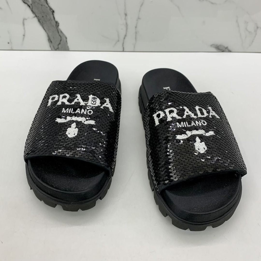 PRADA BLACK SEQUIN SLIDES SANDALS #36 247026893 #, Women's Fashion