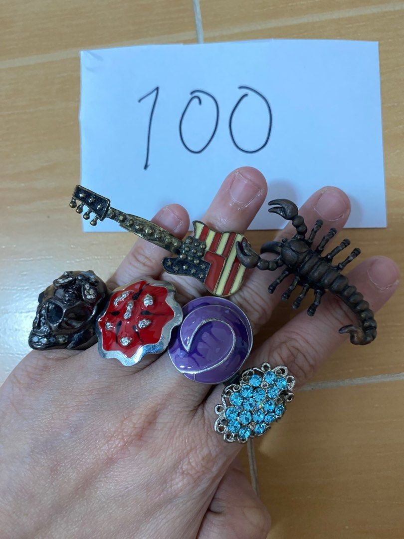 Pre-loved statement rings (Category: Rings) located in Caloocan City. Submitted by jocats (Listing ID 1308995464, Image 1). Description: Take all6 for 100 php only RFS: Decluttering. MOP: Gcash only Shipping: Lalamove/Joyride c/o the buyer Can do meetups in SM Fairview only. Location: North Caloocan You can PM me if you want to see more photos. .