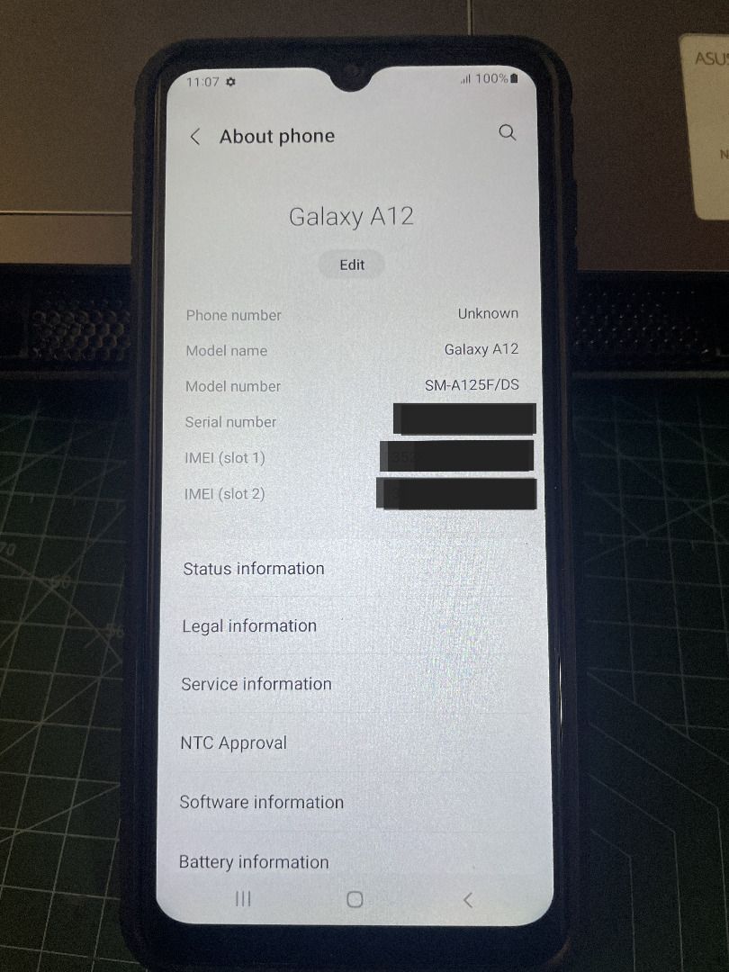 SALE: Samsung A12 (Category: Samsung) located in Taguig. Submitted by declutter.me_jho (Listing ID 1308889248, Image 2). Description: Condition: used but not abused * still has the tempered glass * transparent case is included * no charger Specs: RAM memory 6GB LPDDR4X Internal storage 128GB (106GB available) eMMC 5.1 External storage Until 1TB microSD, microSDXC (dedicated slot) Battery capacity 5000 mAh USB USB 2.0 Type-C reversible connector W