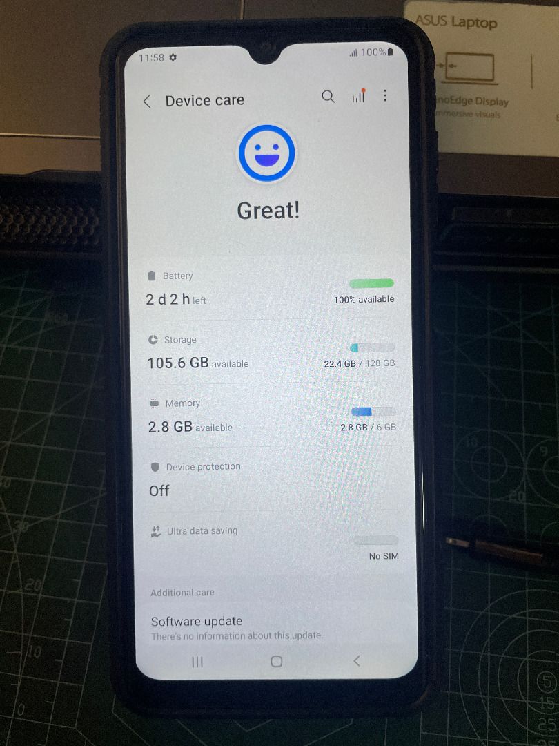 SALE: Samsung A12 (Category: Samsung) located in Taguig. Submitted by declutter.me_jho (Listing ID 1308889248, Image 3). Description: Condition: used but not abused * still has the tempered glass * transparent case is included * no charger Specs: RAM memory 6GB LPDDR4X Internal storage 128GB (106GB available) eMMC 5.1 External storage Until 1TB microSD, microSDXC (dedicated slot) Battery capacity 5000 mAh USB USB 2.0 Type-C reversible connector W