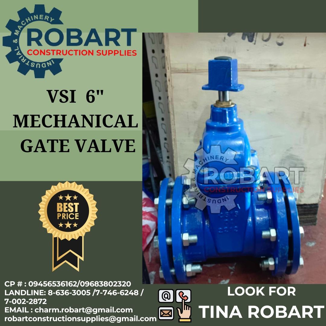 VSI Mechanical Gate Valve 6" (Category: Construction & Building Materials) located in Manila. Submitted by tina.sales (Listing ID 1308888941, Image 1). Description: VSI Mechanical Gate Valve 6" ₱19,030 SEND US MESSAGE FOR INQUIRIES ‼️‼️ ~~TINA ROBART~~ 0 9 4 5 6 5 3 6 1 6 2 0 9 6 8 3 8 0 2 3 2 0 LANDLINE: 8 6 3 6 3 0 0 5 / 7 7 4 6 6 2 4 8 / 7 0 0 2 2 8 7 2 EMAIL : c h a r m.r o b ar t @ g m a i l.c o m r o b a r t c o n s t r u c t i o n s u p p 