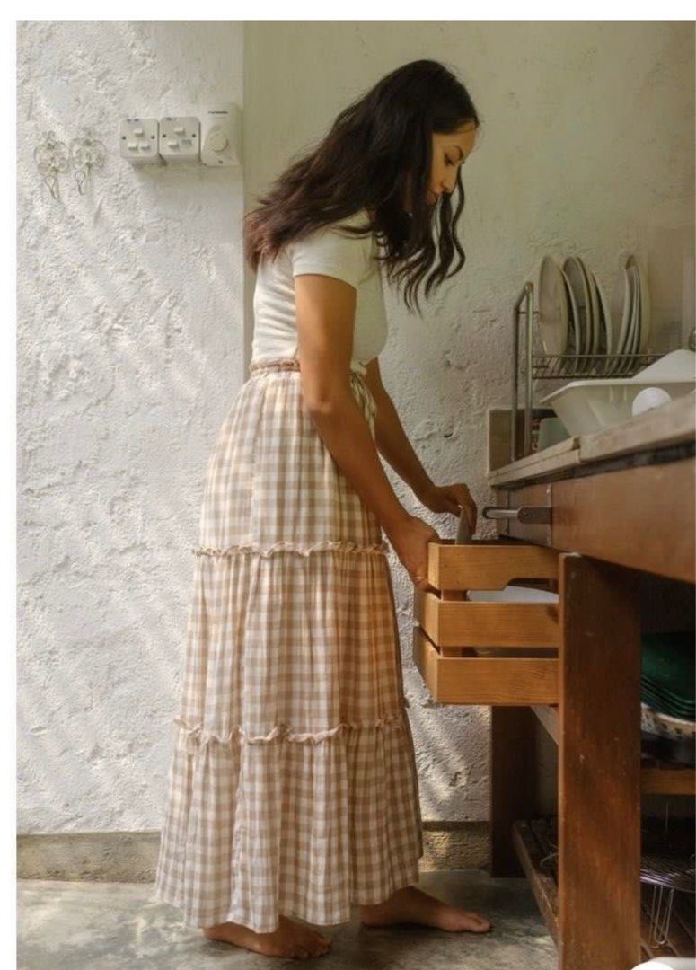 Whimsigirl Gingham Skirt in Brown Gingham XL