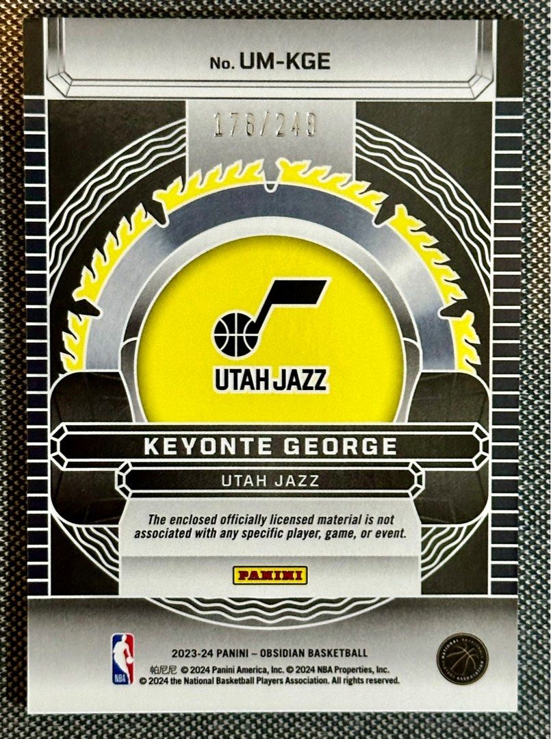 Keyonte George RC Unbreakable /249 Memorabilia Jersey 2023-24 Panini Obsidian Basketball NBA