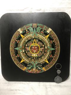 Aztec Mayan Calendar Wall Plaque Enameled Brass on Wood Art and Mayan Keychain (15.75” X 15.75”)