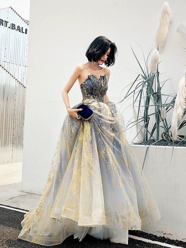 Blue and gold tuelle layered princess gown dress Birthday tea party prom graduation celebration special occasion dnd gala dinner evening awards