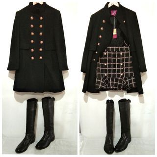 Bundle 2 Tsumori Chisato Leather Knee high boots Wool black militart coat -Tweed skort