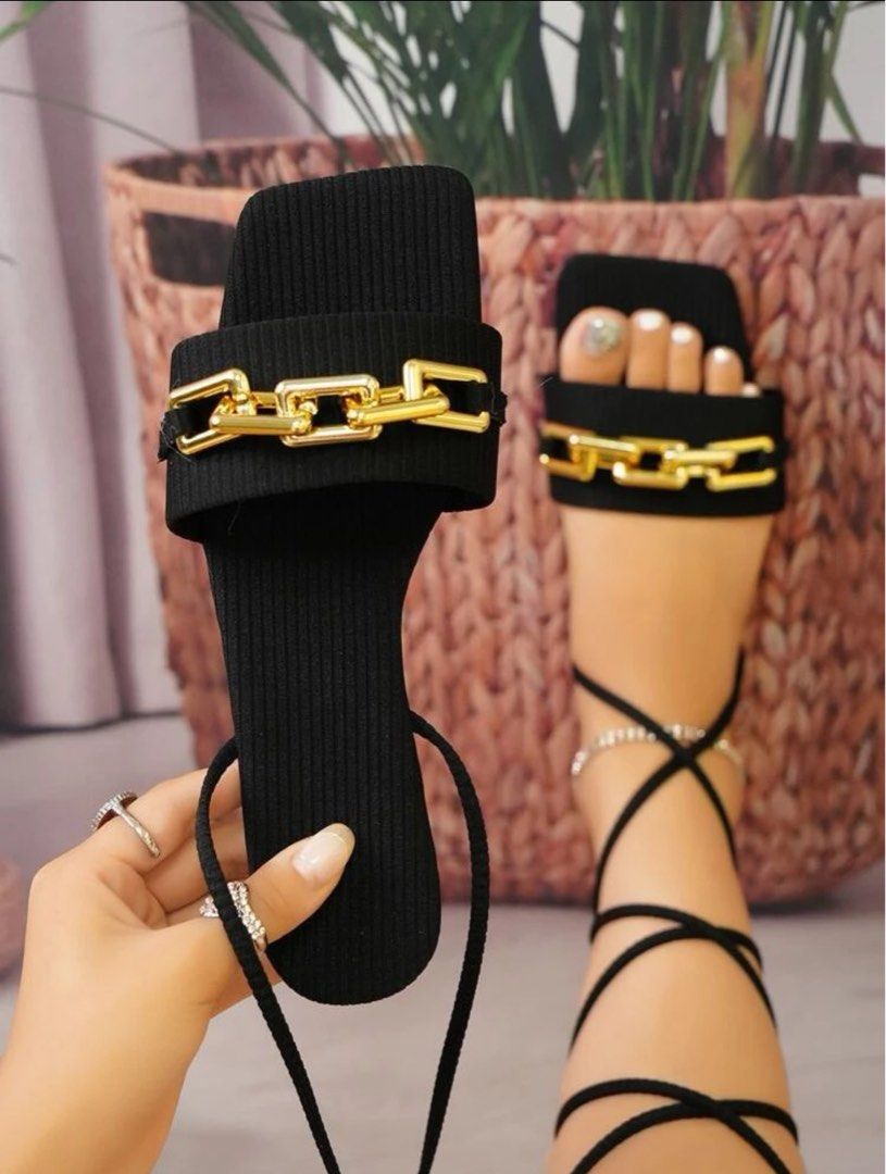 Chain Decor Tie Leg Design Strappy Sandals (Category: Flats & Sandals) located in San Fabian. Submitted by biivhern (Listing ID 1309007692, Image 1). Description: RFS: DECLUTTERING ✨ SIZE 7.5 USED ONCE ‼️.