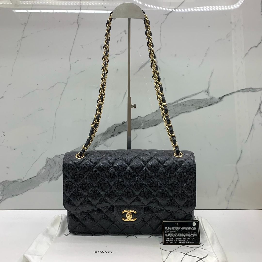 DISCOUNTED CHANEL CAVIAR SKIN CLASSIC FLAP 30CM JUMBO DOUBLE FLAP GHW NO.23 WITH CARD 247027014
