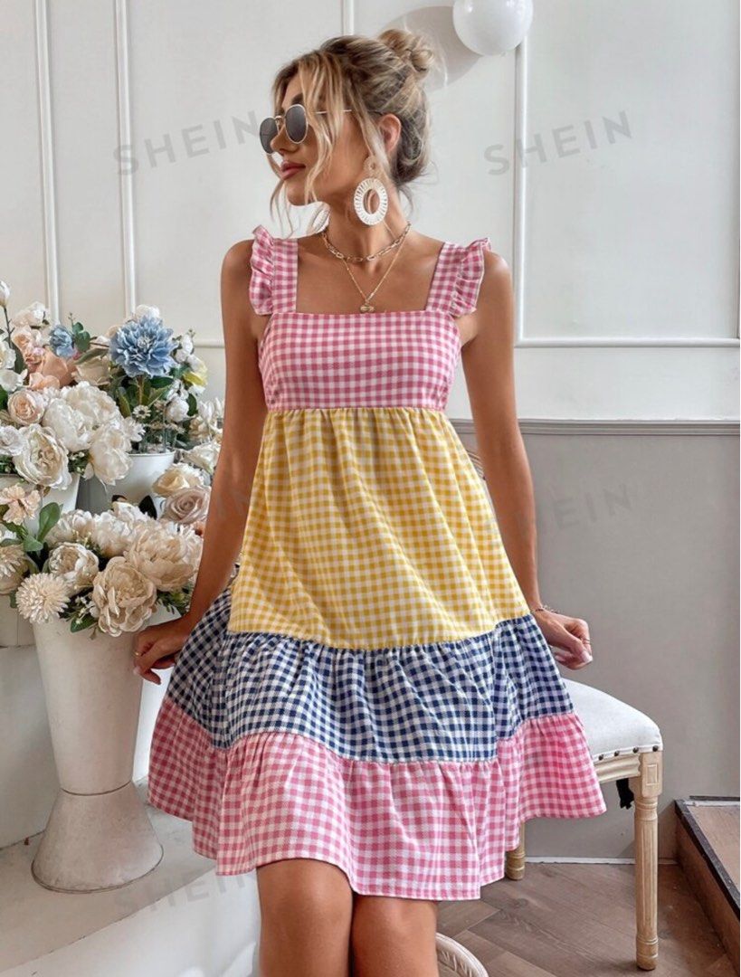 Colourblock Gingham Print Frill Ruffle Hem Dress