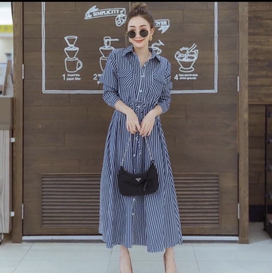 Ec Dress Maxi JUMBO Twopocket Turkish l atasan fashion baju dress salur  dress stripe wanita