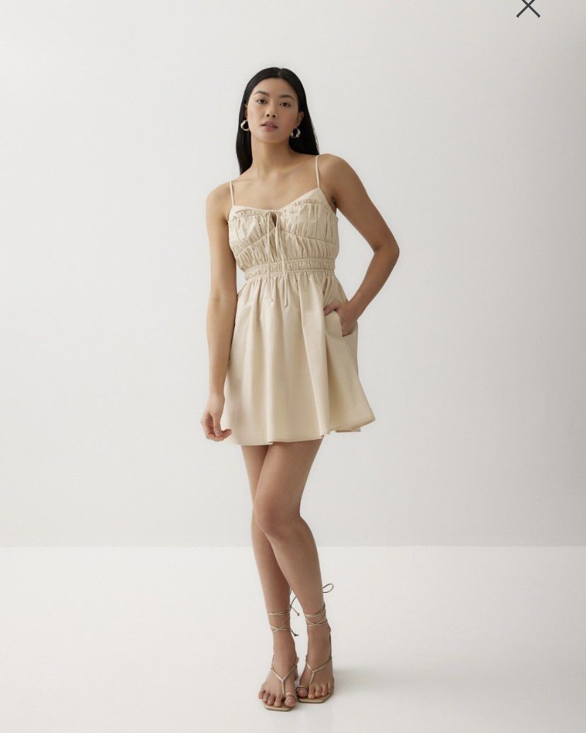LB Love Bonito Lolit Cotton Ruched Fit Flare Dress in Beige