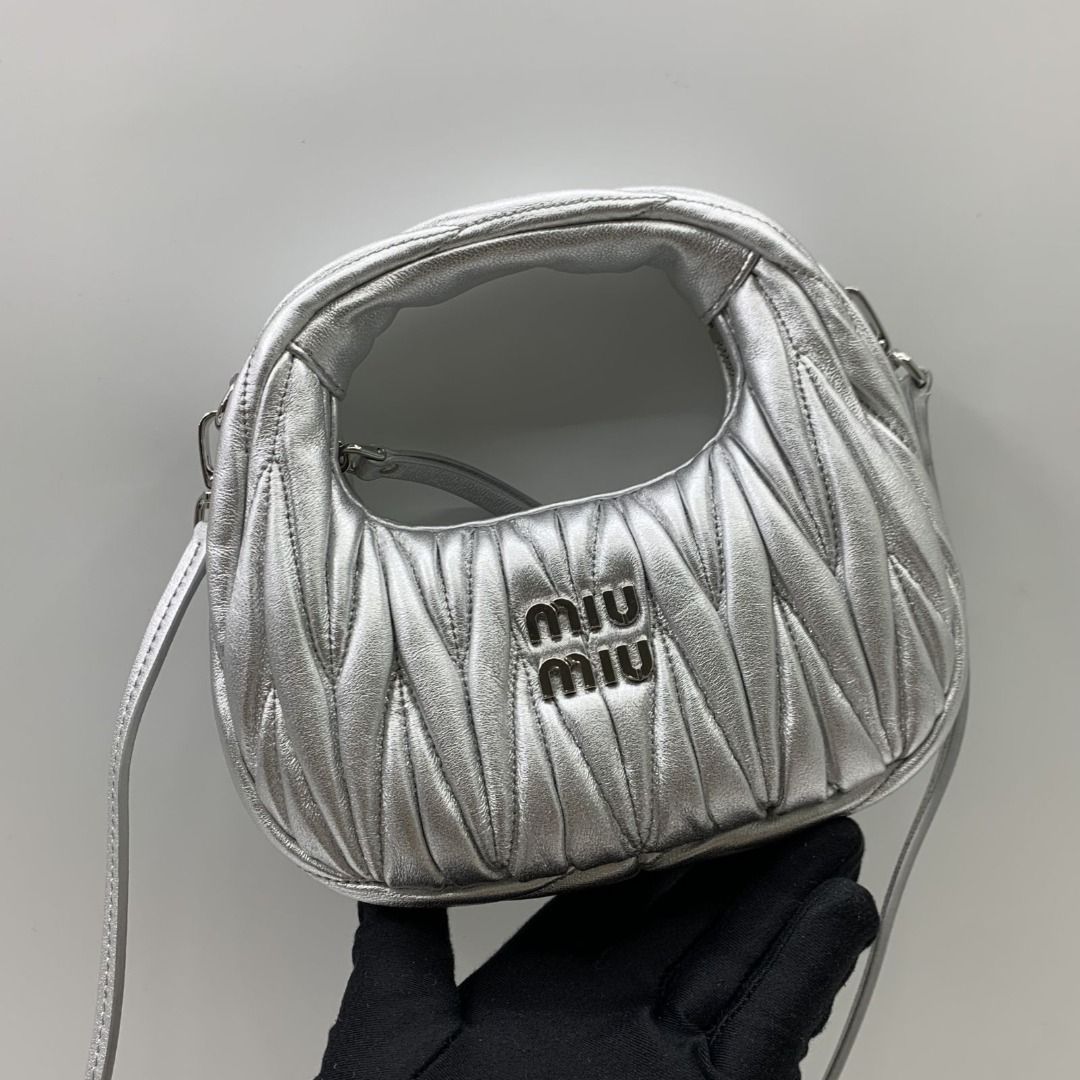 MIU MIU 5BP078 SILVER WANDER MATELASSE NAPPA HOBO MINI 2WAY SHOULDER BAG 247026175