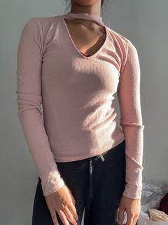pink ribbed long sleeve shirt with neck cut out