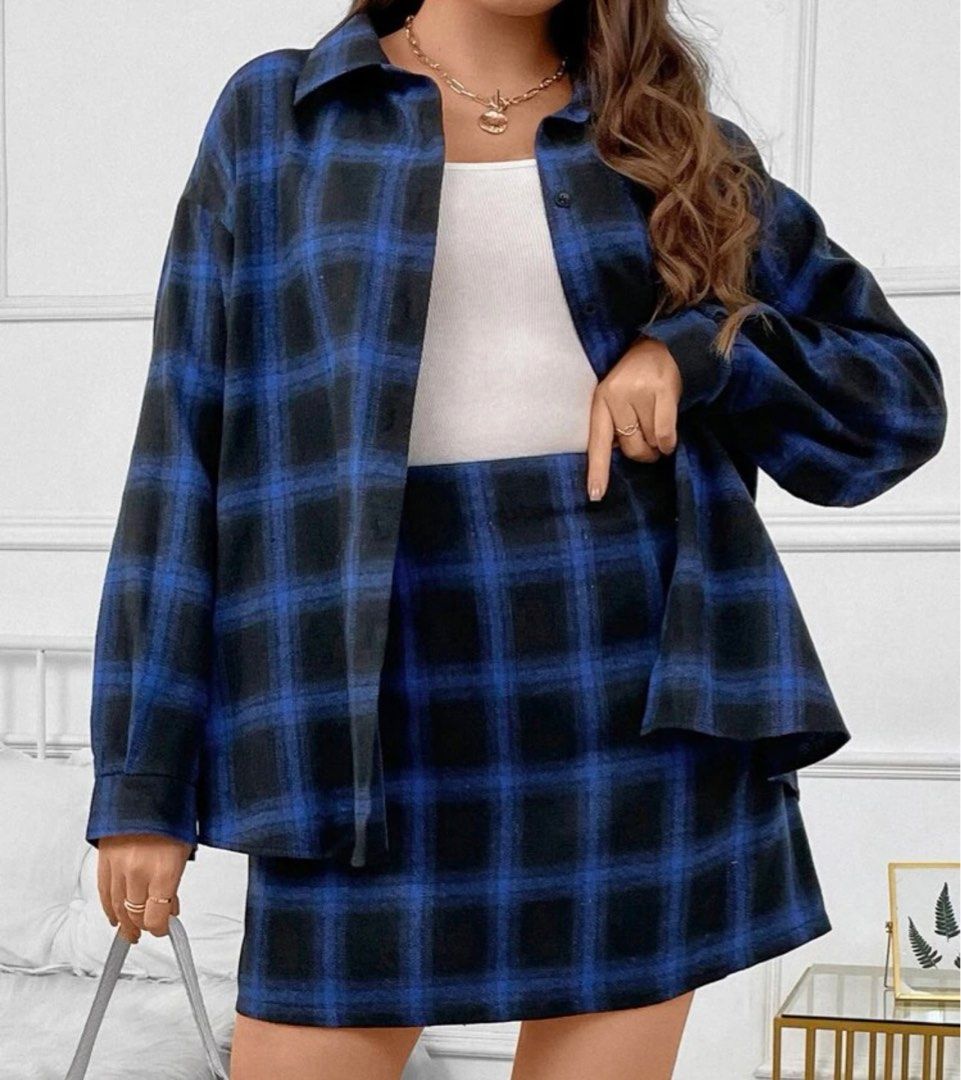 Plus size plaid skirt navy blue best sale