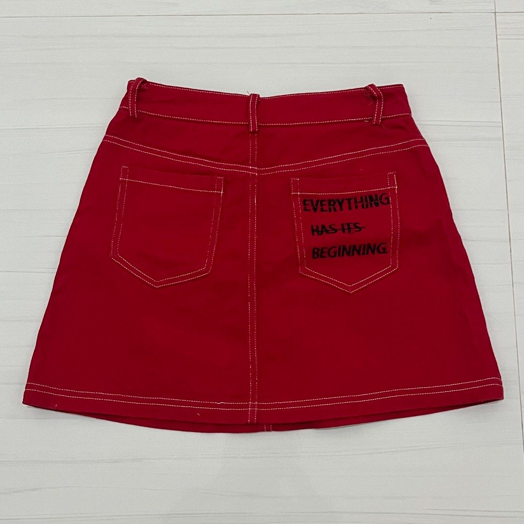 Red denim skirt white stitching outlet