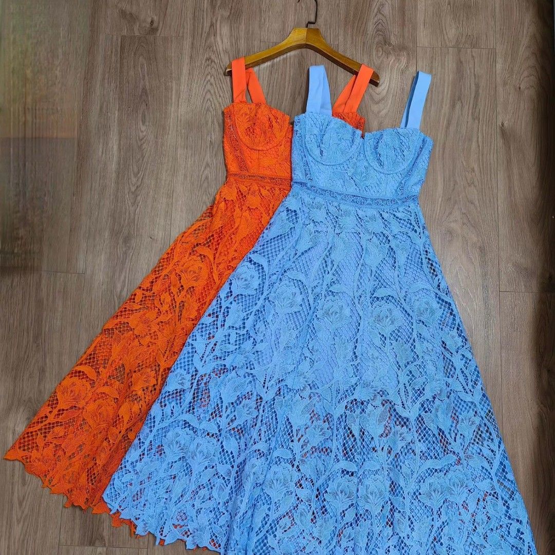 Self portrait lace sweetheart midi dress, orange red, purple lilac, Women's  Fashion, Dresses & Sets, Dresses on Carousell