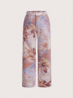 SHEIN MOD Vintage Casual Cute Oil Painting Printed Valentine's Day Plus Size Loose Straight Jeans For Women