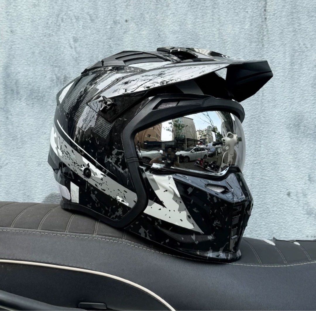 Black Grey White with Peak Convertible Mask with Inner Lens Motorcycle Helmet Retro Open Face Vespa Bike Classic Scooter Old School Cafe Racer Street Fighter Silver Chrome Lens Harley Motorbike Vintag...