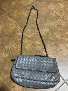 BOTTEGA VENETA Grey Woven Nappa Leather clutch crossbody chain bag