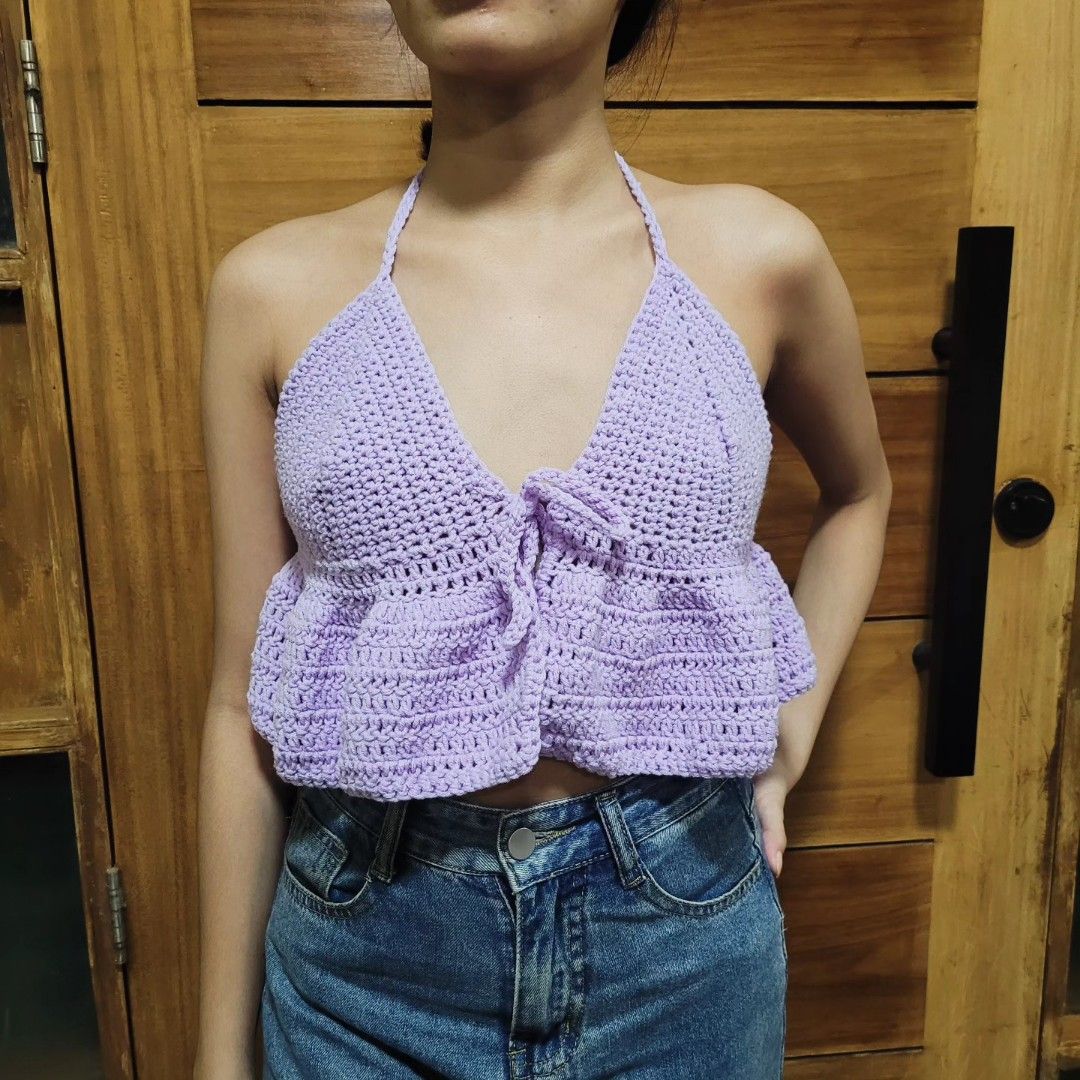 Crochet front tie top (Category: Sleeveless) located in Taguig. Submitted by tabern9 (Listing ID 1309334225, Image 1). Description: Fits small to medium. Front tie top. pwedeng casual wear, pang porma, pang party..