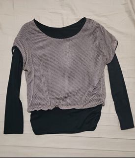 Double Layer Fishnet Long Sleeves Top - Black & Brown