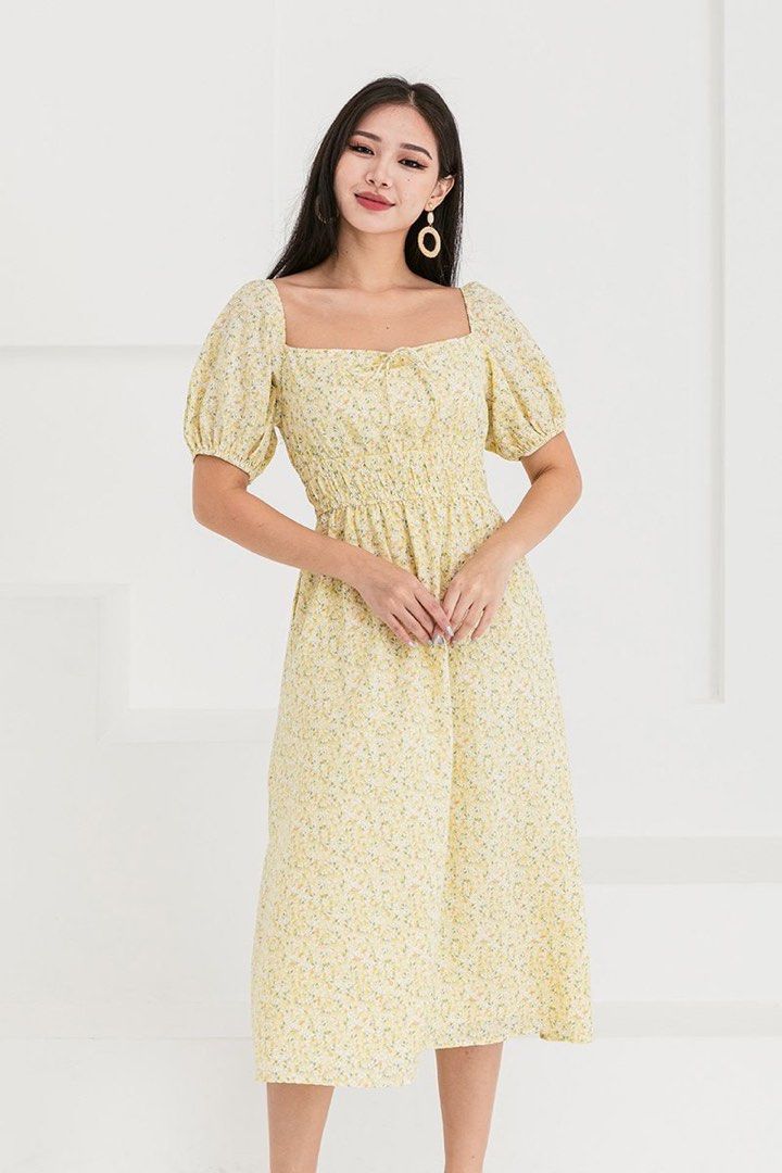 Flymetoparis Charisse Drawstring Runched Dress in Yellow Florals