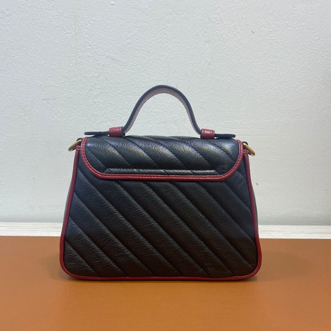 GUCCI 583571 GG MARMONT TOP HANDLE MINI BLACK RED LEATHER GHW