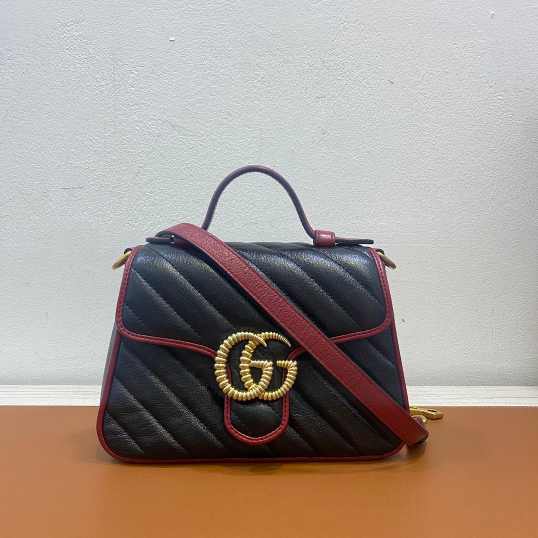 GUCCI 583571 GG MARMONT TOP HANDLE MINI BLACK RED LEATHER GHW