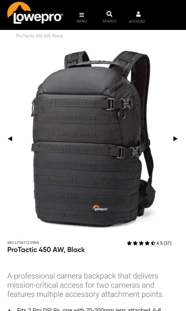 Lowepro Camera Bag ProTactic 450 AW Photography Photography Accessories Camera Bags Carriers on Carousell