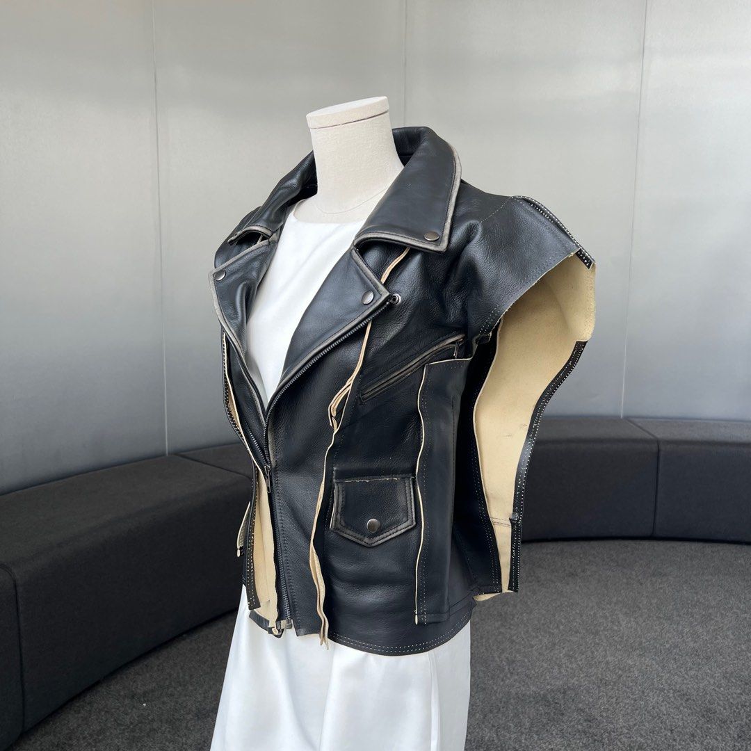 Maison Martin Margiela X H M Adiusted Biker Jacket Leather Black Beige Phw Women s Fashion Coats Jackets and Outerwear on Carousell