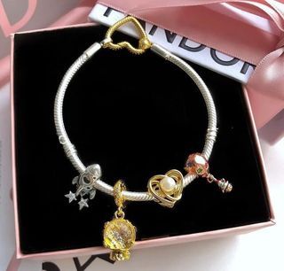 Pandora heart closure 2 tone bracelet w/ set charm