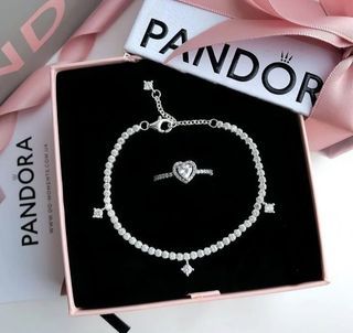 Pandora sparkling droplet tennis bracelet with elevated heart ring SET