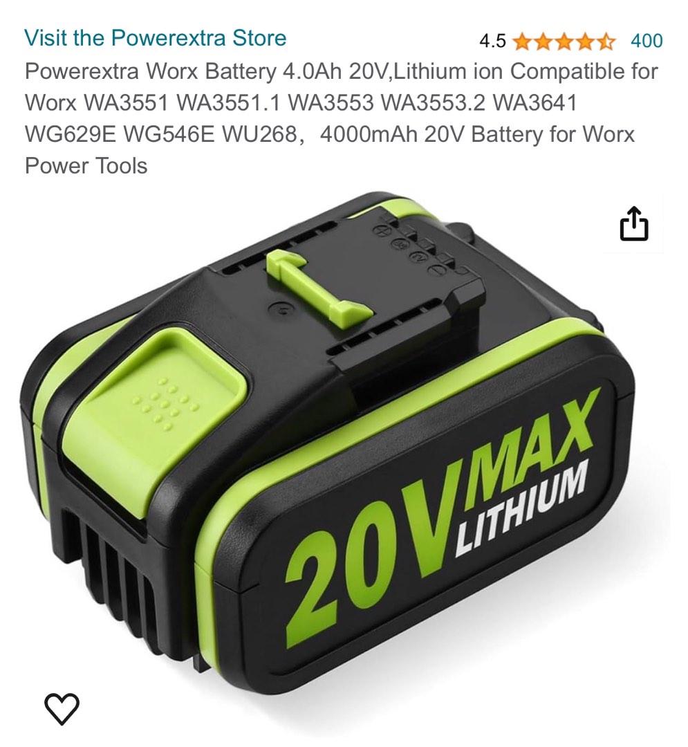 Powerextra Worx Battery 4.0Ah 20V Lithium ion Compatible for Worx WA3551 WA3551.1 WA3553 WA3553.2 WA3641 WG629E WG546E WU268 4000mAh 20V Battery for