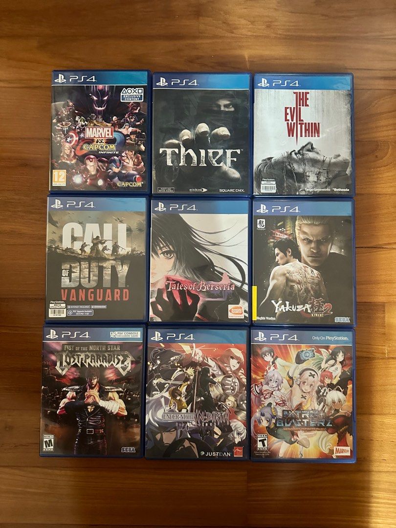 PS4 game Marvel vs Capcom / Thief / The evil within / Call of duty vanguard  / Tales of berseria / Yakuza 2 / Lost paradise / Under-night in-birth /  Nitro Blasterz,